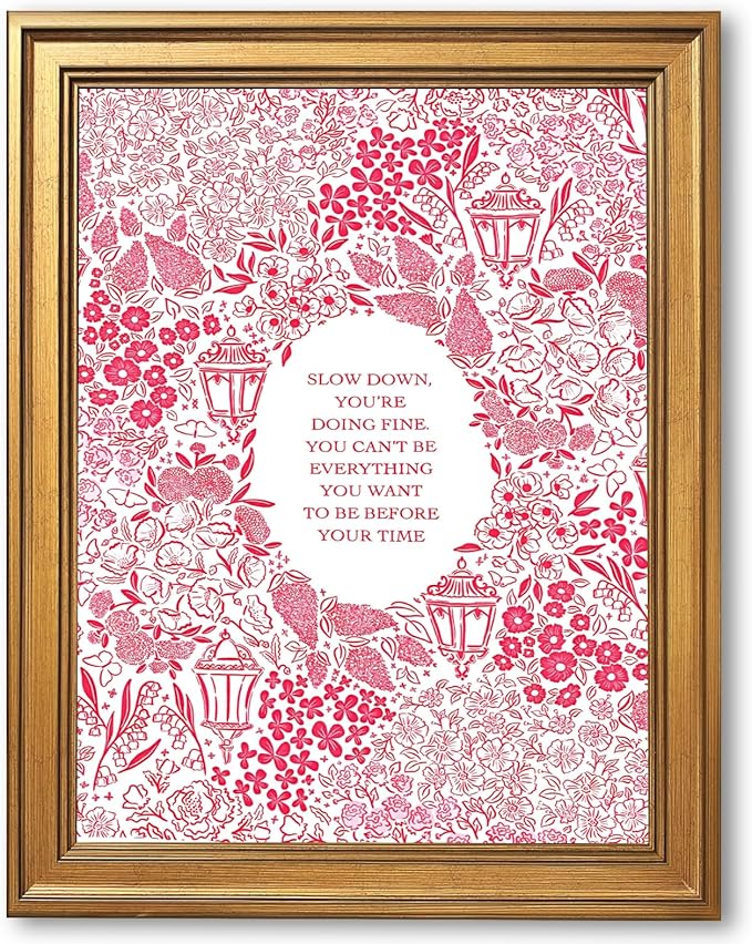 Slow Down You're Doing Fine Music Posters Motivational Quote Pink Wall Art Vintage Floral Positive Daily Reminder Song Lyrics Canvas Print Aesthetic Office Home Decor 12x16inch Vintage Framed