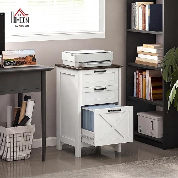 HOMCOM 3 Drawer File Cabinet with Silent Slides, Vertical Filing Cabinet for Hanging A4/Letter Size, Rustic Farmhouse Printer Stand with Storage for Home Office, Distressed White