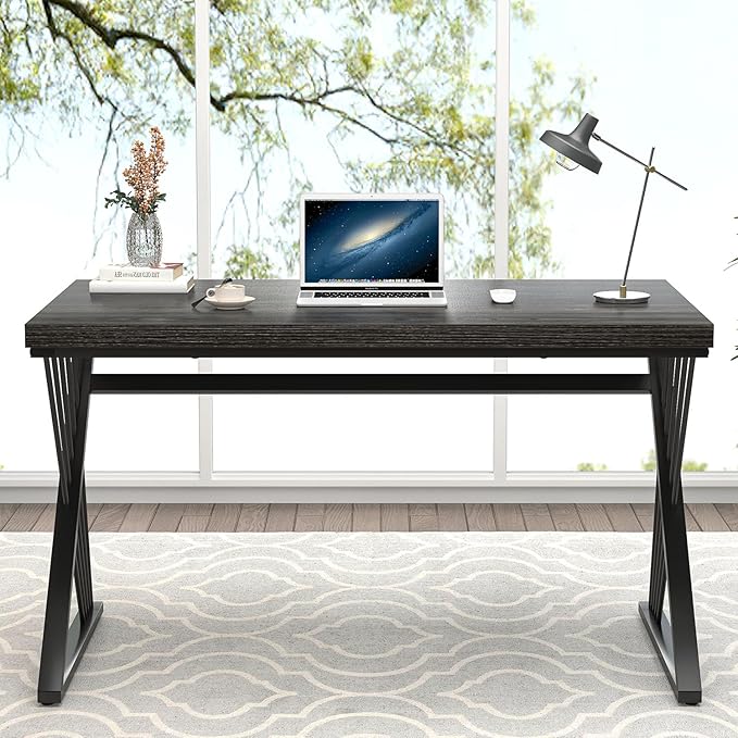 FOLUBAN Modern Home Office Desks, Rustic Wood and Metal Computer Desk, Industrial Writing Study Gaming Table for Living Room Bedroom, Dark Gray, 47 Inch