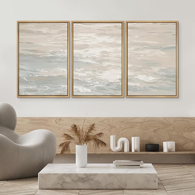 SIGNWIN Framed Canvas Print Wall Art Set Serene Neutral Ocean Waves Abstract Illustrations Modern Art Decorative Nordic Abstract for Living Room, Bedroom, Office - 24"x36"x3 Natural