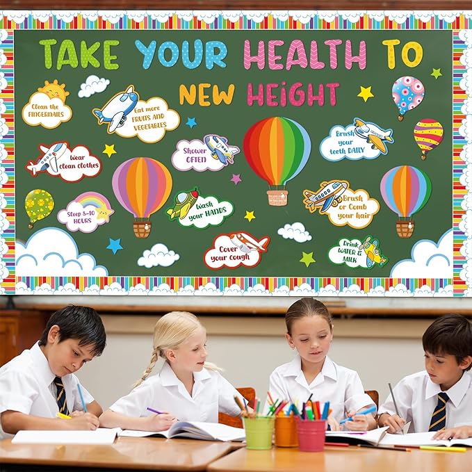 gisgfim Hot Air Balloon Healthy Bulletin Board Set Classroom Decoration Healthy Habits Paper Cutouts Colorful Bulletin Board Borders for Classroom Back to School Chalkboard Wall Decoration Supplies