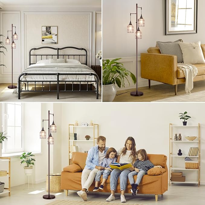 Sucolite 70" Dimmable Floor Lamp for Living Room, Industrial 3-Light Tree Floor Lamp Brown with Cages, Farmhouse Rustic Tall Standing Lamp Floor Lighting for Bedroom Office, 3 Free LED Edison Bulbs