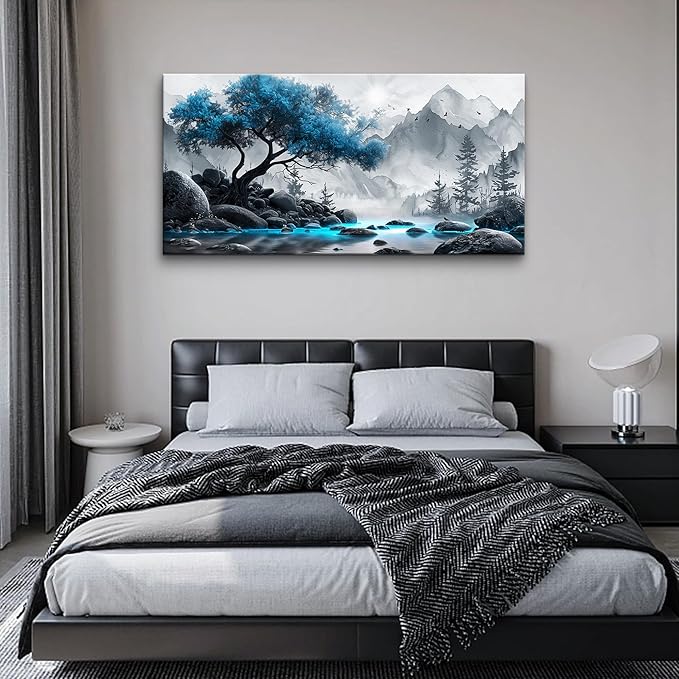 Lapremoly Large Canvas Wall Art For Living Room, Office, Bedroom - Black And White Painting - Blue Tree Landscape - Hotel Artwork - Family Home Decor