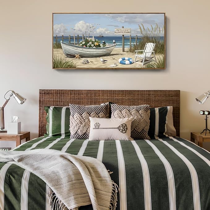 amatop Large Framed Coastal Wall Art – Gallery Wrapped Ocean & Nautical Canvas Print, Ready to Hang Beach House Decor with Flower Boat & Seagulls for Living Room, Bedroom & Office (48x24 Inches)