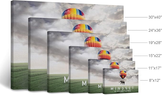 Smile Art Design Mindset is Everything Quote Elephant with Balloon in Sky Motivational Wall Art Canvas Print Inspirational Wall Art Entrepreneur Quote Office Decor Artwork Gift Ready to Hang 24x36