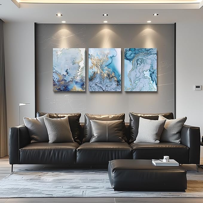Abstract Canvas Wall Art For Living Room Bedroom Decoration Bathroom Wall Decor Blue Abstract Watercolor Painting Home Decoration Kitchen Posters Pictures Artwork,Inspirational Wall Art 3 Piece Set