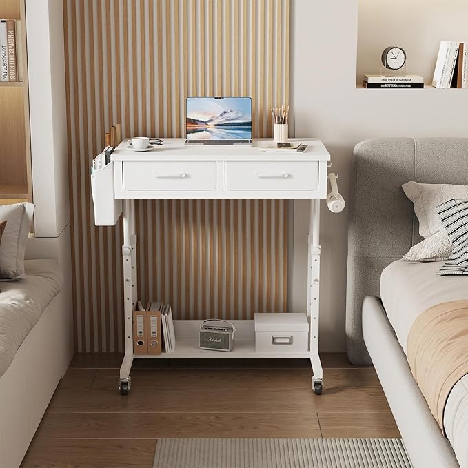 Small White Portable Rolling Standing Desk with Drawers & Storage Shelf, 32 Inch Mobile Stand Up Desk Adjustable Height with Wheels for Home Office, Kids Desks Couch Sofa Side Laptop Craft Table