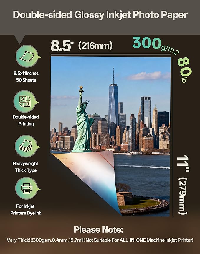 Uinkit 50 Sheets 8.5x11 Letter Size Thick Heavyweight Photo Paper Double Sided Glossy Cardstock 80LB 300Gsm 15.7Mil Brochure, Only for professional Inkjet Printer and Dye Ink