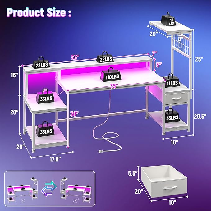 63" Gaming Desk with LED Lights & Outlets,Computer Desk with Drawers & Monitor Stand,Gaming Table with Storage Shelves & Printer Space for Game Room,Study Room,Home Office,Bedroom,White