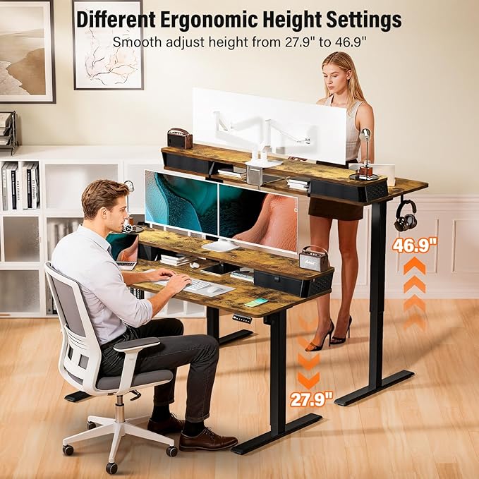 Kingant 35 x 20 Inch Small Electric Standing Desk with Dual Drawers, Height Adjustable Sit to Stand Computer Desk with Storage Shelf and C-Clamp Mount Compatibility for Home Office, Rustic Brown