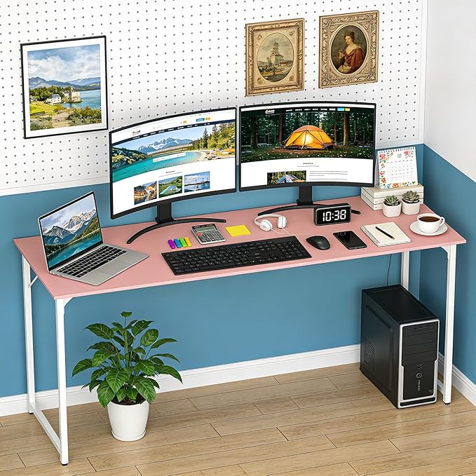 BestOffice Computer Desk,Home Office Desk, Modern Simple Style for Home Office Study Writing (Pink, 63 Inch)