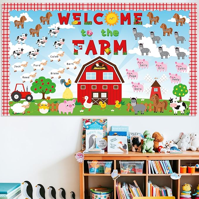 gisgfim Farm Animals Bulletin Board Decorations with Background Welcome to The Farm Paper Cutouts Barnyard Farm Back to School Bulletin Board Set for School Classroom Chalkboard Wall Decor Supplies