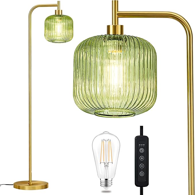 MAYNA Mid Century Modern Floor Lamp, Emerald Green Ribbed Glass Standing Lamp with Built-in Timer Switch, Gold Tall Vintage Lamps for Living Room Bedroom, 2700K LED Bulb Included