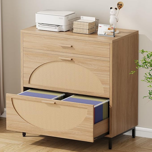 Lateral File Cabinet with 3 Drawers, Eco Rattan Wood File Cabinet for Home Office, Large Filing Storage Cabinets Printer Stand for Letter/Legal/A4 Size Hanging File