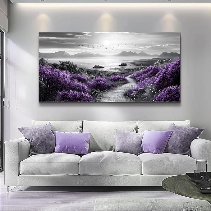 FUHAIHUA Canvas Wall Art For Living Room Wall Decor For Bedroom Office Wall Decoration Purple Flowers Landscape Painting Black And White Pictures Artwork Room Aesthetic Home Decor 20x40 In