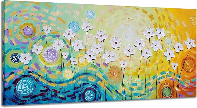 YHSKY ARTS White Flower Oil Paintings with Hand Painted Textured Modern Colorful Canvas Wall Art Contemporary Botanical Pictures Abstract Aesthetic Artwork for Living Room Bedroom Bathroom Decor
