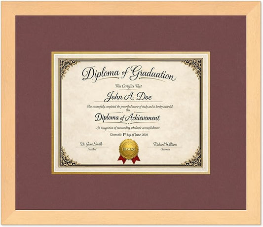 Diploma Frame Natural Wood with Dark Red Over Gold Double Mat - Fits 11 x 8.5 US Letter Certificate Wall Display Made in the USA