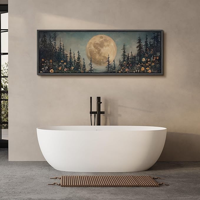 SIGNFORD Large Framed Canvas Moonlit Forest with Wildflowers Mystical Illustrations Modern Art Calm Warm for Living Room, Bedroom, Office - 60"x20"