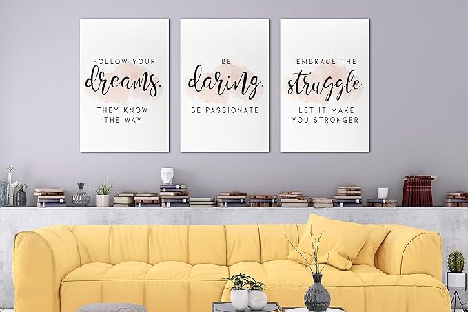SHMAO Office Canvas Wall Art Motivational Wall Decor, 3 Piece Dreams Daring Struggle Print Pictures for Office Wall Decor Women Inspirational Framed Artwork Home Office Decor 20”x30”x3 Panels