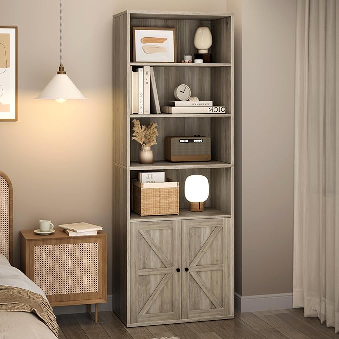 IDEALHOUSE Bookcase with Doors Industrial Bookshelf 11.8in Depth Display Storage Shelves 71.4in Tall Farmhouse Bookcases Wooden 6 Shelf Bookshelvels for Bedroom, Living Room, Home Office, Grey