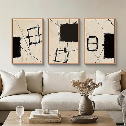 HOURIA Nordic Abstract Black & Beige Brush Stroke Framed Canvas Wall Art Set,Minimalist Geometric Grunge Line Shapes Ink Sketch Decor,Neutral Modern Drawing Artwork for Living Room,Farmhouse-24"x36"x3