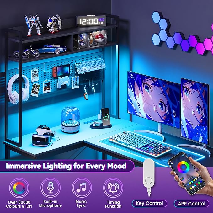 Apicizon L Shaped Gaming Desk 53", Reversible Corner Computer Desk with LED Lights, Carbon Fiber Surface, Pegboard with Hooks, Drawer & PC Tower Stand, USB Charging Port