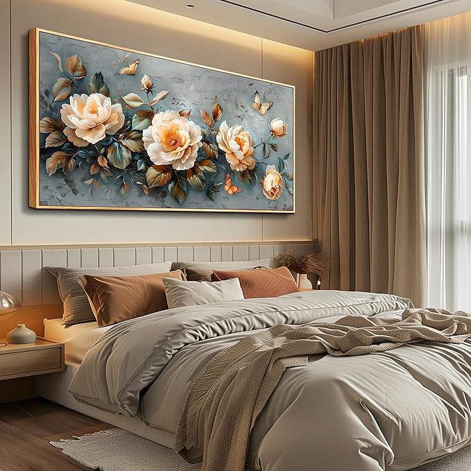 PHAOHUAXM Wall Art For Living Room Canvas Wall Decor For Bedroom White Ink-Wash Flower Wooden Frame Paintings Office Restaurant Room Decorations Printing Artwork Ready To Hang Home Decor 20" X40