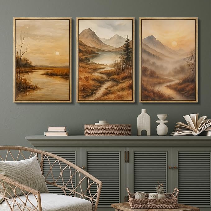 SIGNFORD Framed Wall Art Print Set Golden Hour Mountain River Serene Nature Landscape Digital Art Modern Art Contemporary for Living Room, Bedroom, Office - 16"x24"x3 Natural