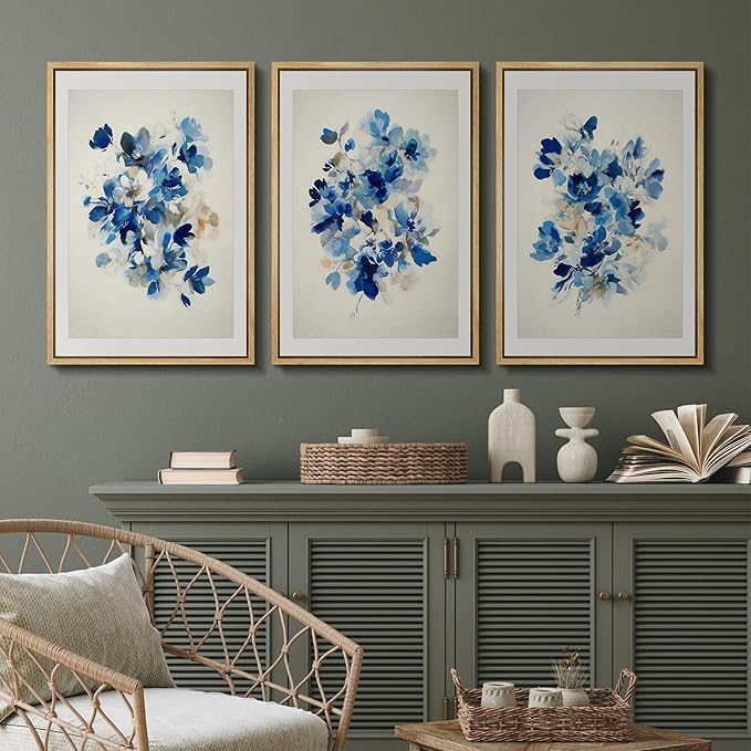 SIGNFORD Framed Wall Art Print Set Blue Blossom Watercolor Floral Botanical Digital Art Modern Art Contemporary for Living Room, Bedroom, Office - 24"x36"x3 NATURAL