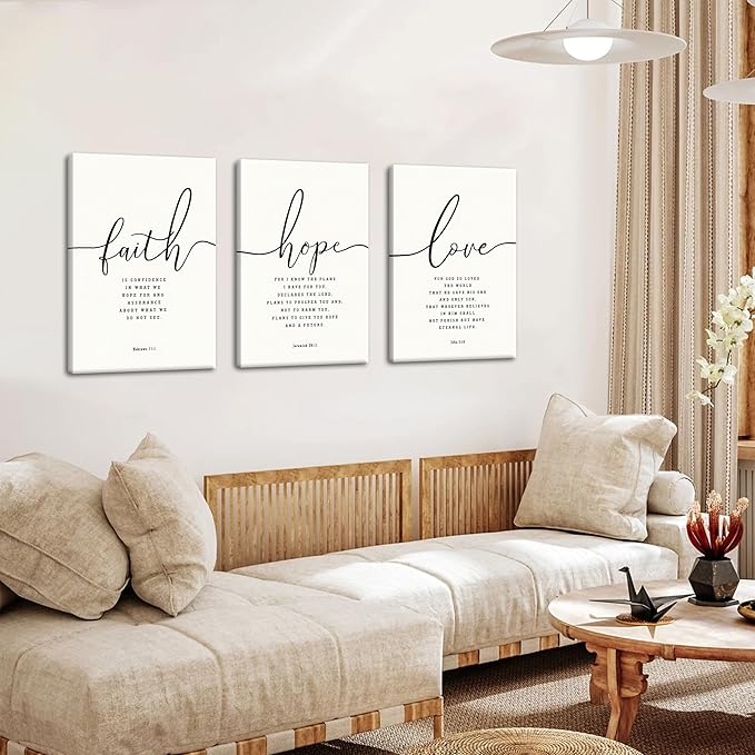 Farmhouse Bible Verses Wall Decor for Living Room - Minimalist Christian Scripture Wall Art Set of 3, Faith Hope Love Canvas Prints Religious Decor for Bedroom Office 12x16 inch Framed