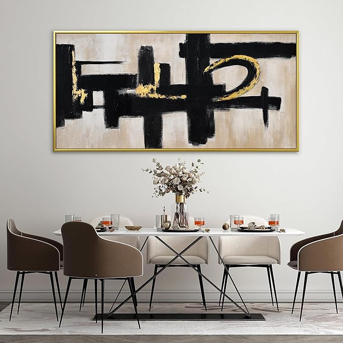 QSQ Black And Off-White Wall Art Abstract Picture Paintings On Canvas Art Wall Decor 29 x 58 Inches Large Gold Framed Wall Art Living Room Minimalism Abstract Wall Decor Bedroom Office Artwork
