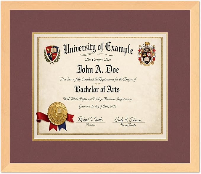 CountryArtHouse Diploma Frame Fits 15 x 12 Military/Government - Keepsake Graduation Display Natural Wood Genuine Hardwood with Dark Red Over Metallic Gold Double mat
