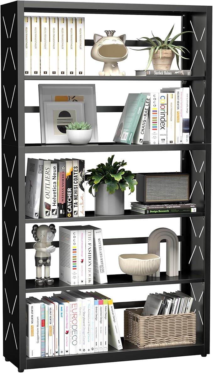 5 Tier Bookshelf, 55"Tall Metal Bookcase with Adjustable Shelves, Modern Display Book Shelf, Black Bookcase Shelf, Utility Shelf, Storage Shelves for Office, Living Room, Kitchen, Study-31"W