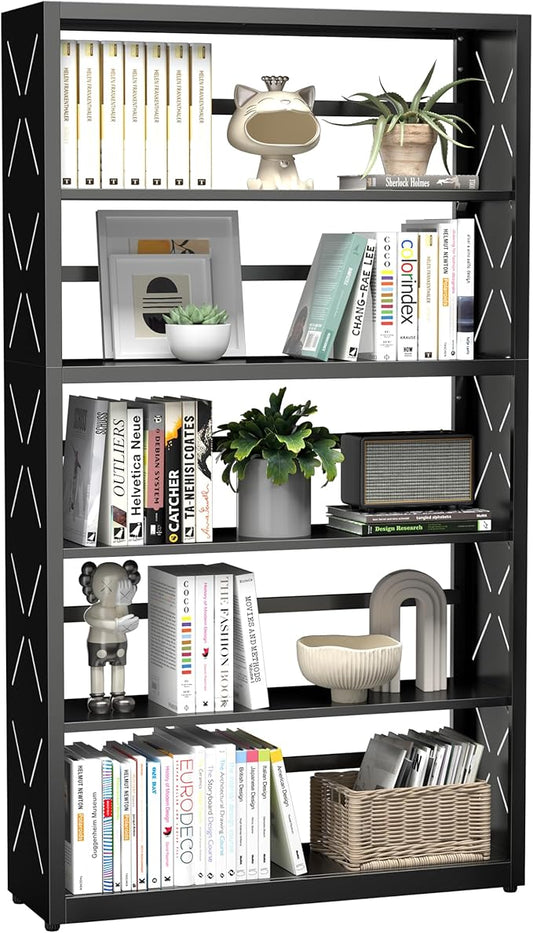 5 Tier Bookshelf, 55"Tall Metal Bookcase with Adjustable Shelves, Modern Display Book Shelf, Black Bookcase Shelf, Utility Shelf, Storage Shelves for Office, Living Room, Kitchen, Study-31"W