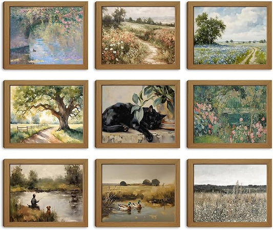 SEHSUVC Vintage Country Classic Oil Wall Art Set of 9, Flowers Tree Farmhouse Style Canvas Posters Wall Decor, Cute Sleeping Cat Nature Plant Prints for Bedroom Bathroom Home Decor Gifts 8x10inch Unframed
