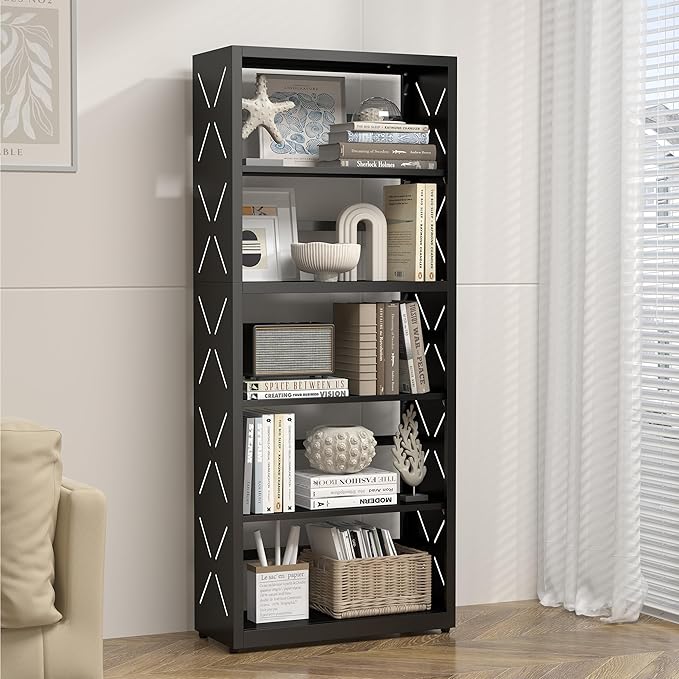 5 Tier Bookshelf, 55"Tall Metal Bookcase with Adjustable Shelves, Modern Display Book Shelf, Black Bookcase Shelf, Utility Shelf, Storage Shelves for Office, Living Room, Kitchen, Study-23"W
