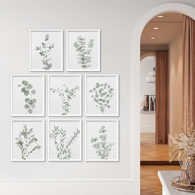 SIGNWIN Framed Poster Wall Art Set of Pastel Watercolor Forest Plant Collage Nature Garden Nature Wilderness for Living Room, Bedroom, Office - 8"x10"x 8 White