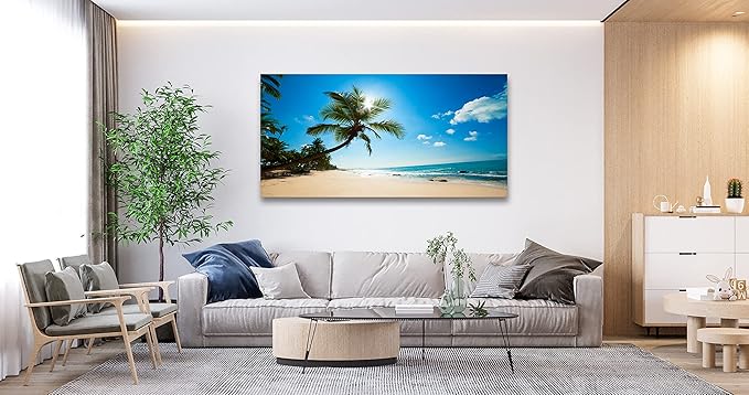 Muolunna ARX0662 Large Canvas Wall Art Summer Ocean Waves Prints Coconut Trees Beach Seascape Painting Hawaii Sea Nature Pictures Stretched and Framed for Living Room Home Office Wall Decor Artwork
