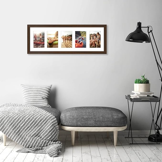 Americanflat 4x6 Collage Picture Frame with Shatter-Resistant Glass - Fits Five 4x6 Photos or Use as One 8x24 Picture Frame - Signature Collection - Collage Frames for Wall Display - Walnut