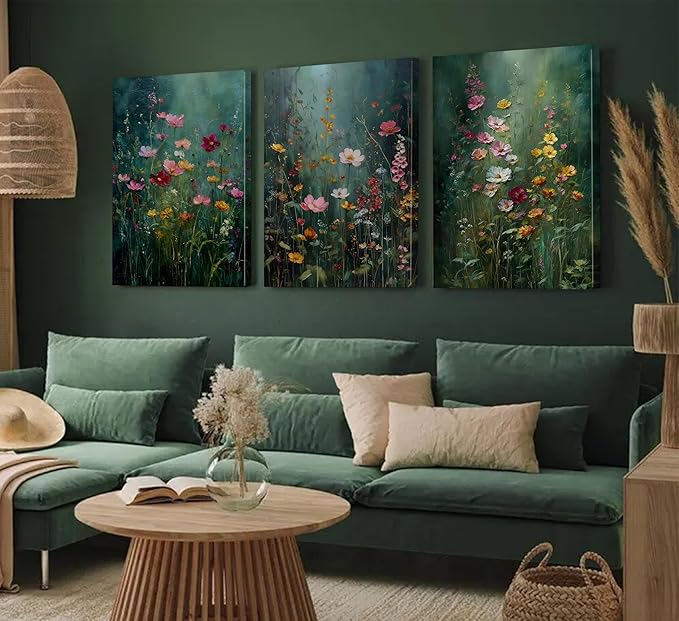 3Pcs Dark Green Floral Canvas Wall Art Moody Wildflowers Poster Prints Vintage Nature Rustic Botanical Flowers Pictures for Bedroom Living Room Office Bathroom Wall Decor 16x24in Framed