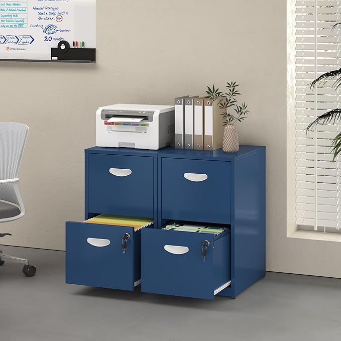 2 Drawer File Cabinet with Lock, Metal File Cabinet for Home Office, Under Desk Storage, Printer Stand, for Letters and File Boxes, Assembly Required, Blue