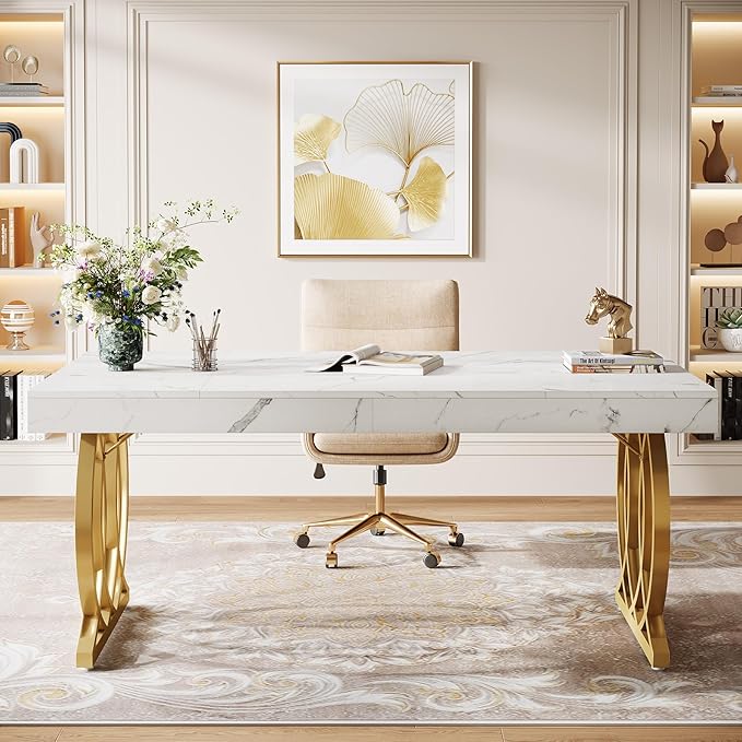 Tribesigns 63-Inch Executive Desk, Modern Office Computer Desk with Stylish Gold Legs, Rectangular Workstation for Home Office, Small Conference Table for Meeting Room (White & Gold)