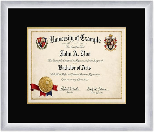 CountryArtHouse Diploma Frame Fits 13 x 10 College Diploma (Traditional) - Keepsake Graduation Display Stainless Silver Genuine Hardwood with Black Over Metallic Gold Double mat