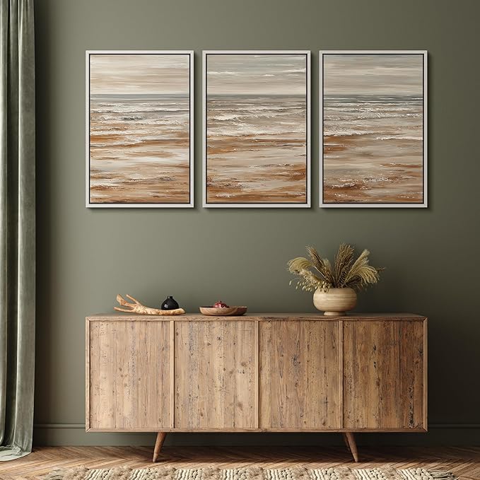 MUDECOR Framed Wall Art Print Set Neutral Coastal Seascape Minimalist Ocean Waves and Sandy Shore Illustrations Modern Art Boho Decorative for Living Room, Bedroom, Office - 16"x24"x3 WHITE
