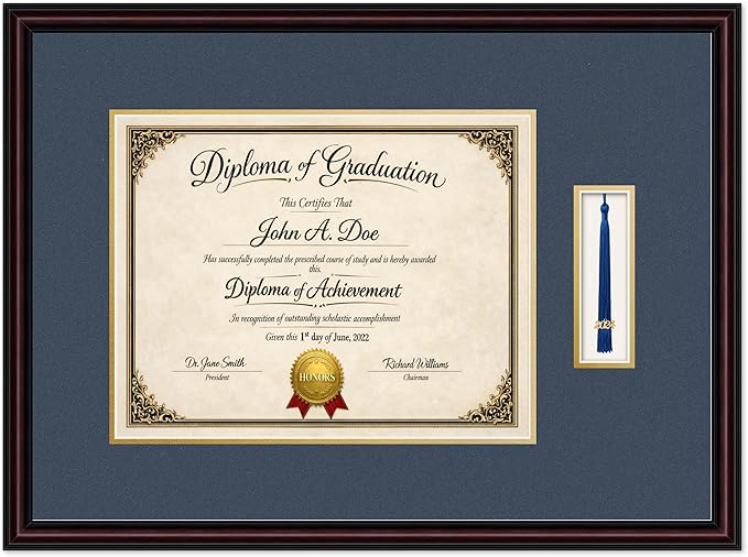 Diploma Frame with Tassel Holder 24.25 x 18 Executive Brown Shadowbox Navy Blue Over Gold Mat - Fits 14 x 11 Degree Made in the USA