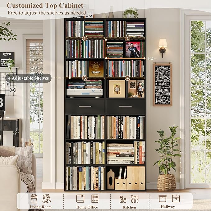 HOSTACK 73" Tall Bookshelf with Drawers, 7-Tier Black Bookshelf with Storage, Double Wide Bookcase with 14 Open Book Shelves, Wood Book Case with Adjustable Shelves for Media CD DVD Storage, Black