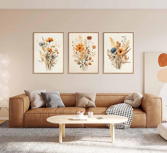 3Pcs Vintage Wildflower Canvas Wall art Country Farmhouse Watercolor Flower Botanical Painting Pictures Wall Decor Floral Poster Print Artwork for Bedroom Living Room Girls Room Decoration Unframed