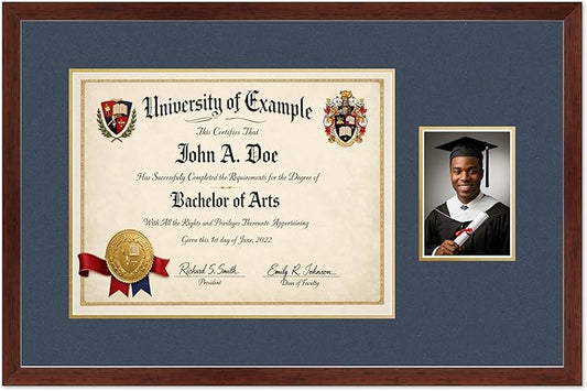CountryArtHouse Fits 17 x 13 International Diploma and 5 x 7 Photo Diploma and Photo Frame Rustic Walnut Genuine Hardwood with Navy Blue Over Metallic Gold Double mat