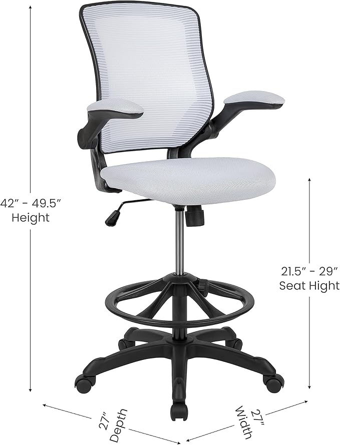 Flash Furniture Kale Mid-Back White Mesh Ergonomic Drafting Chair | Adjustable Foot Ring, Flip-Up Arms