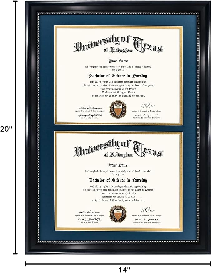 GraduationMall 14x20 Double Diploma Frame, Display 8.5x11 Certificate with Navy over Gold Mat,Tempered Glass,Black with Silver Beads